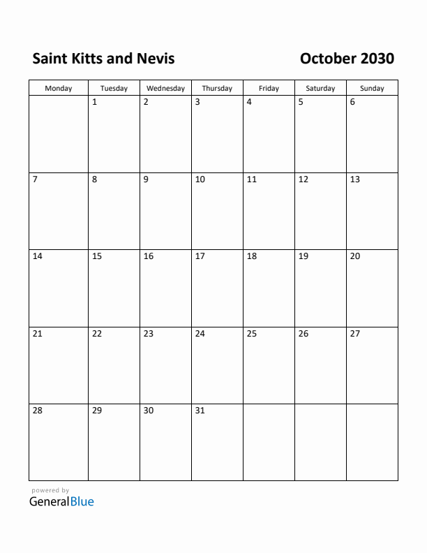 October 2030 Calendar with Saint Kitts and Nevis Holidays