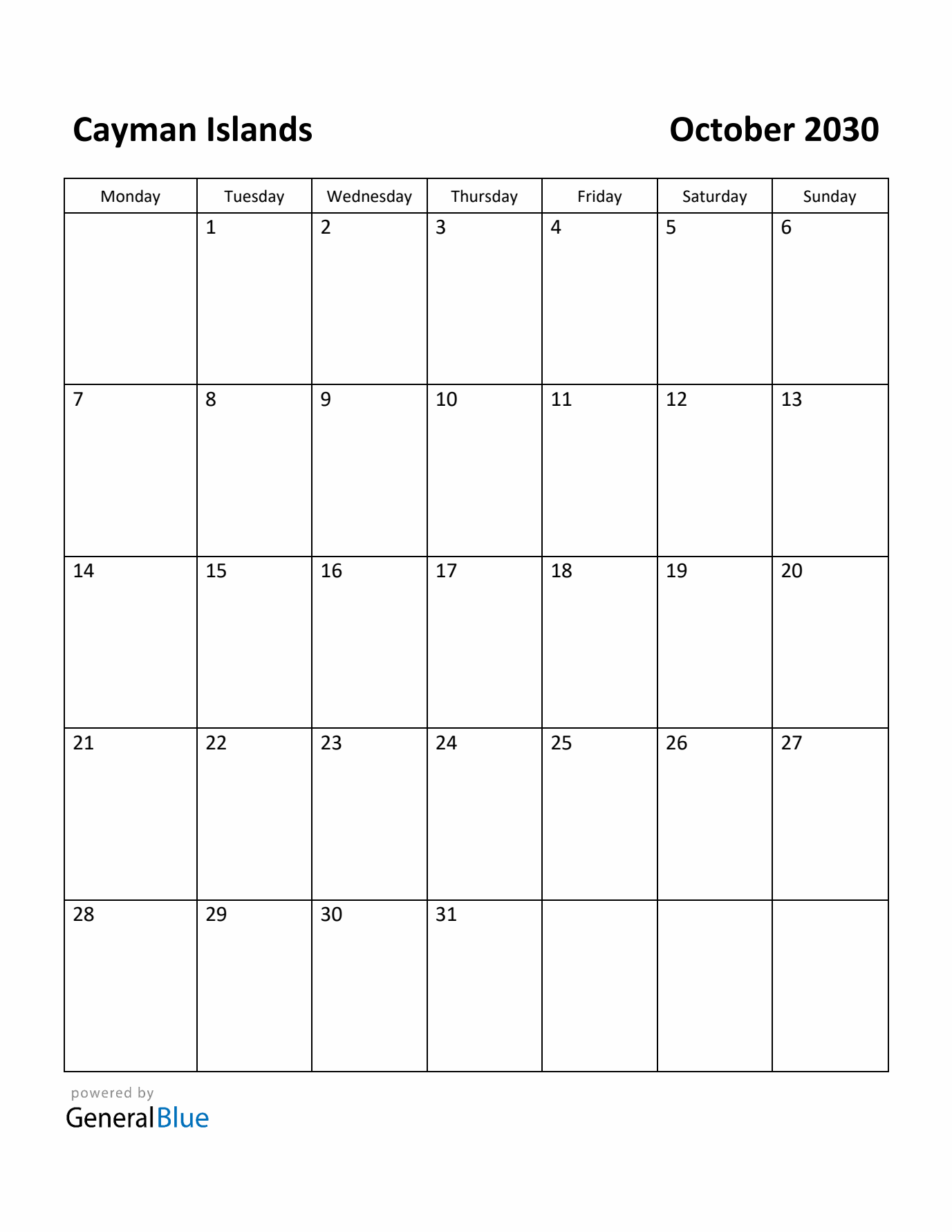 October 2030 Calendar with Cayman Islands Holidays