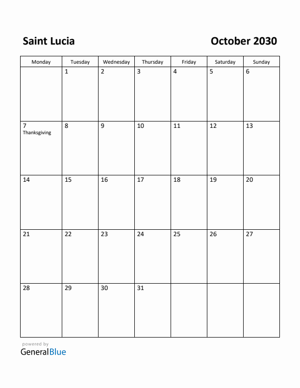 October 2030 Calendar with Saint Lucia Holidays