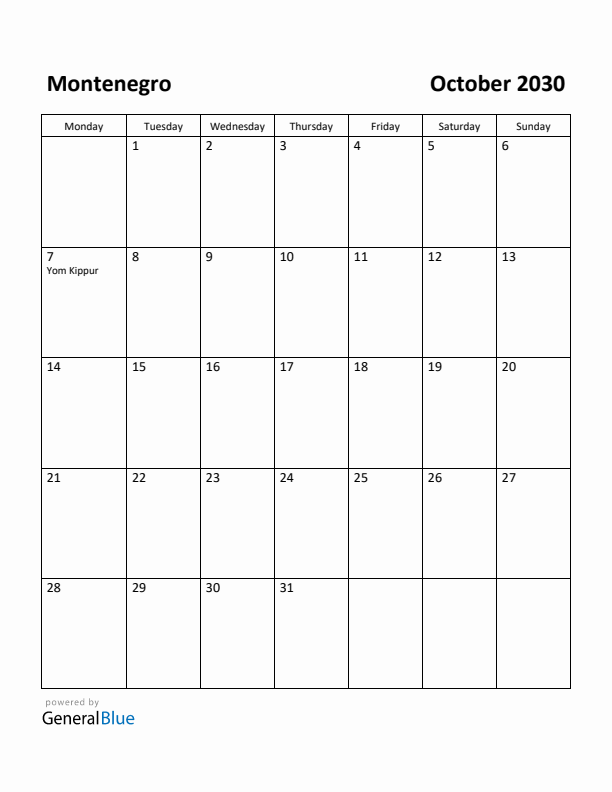 October 2030 Calendar with Montenegro Holidays