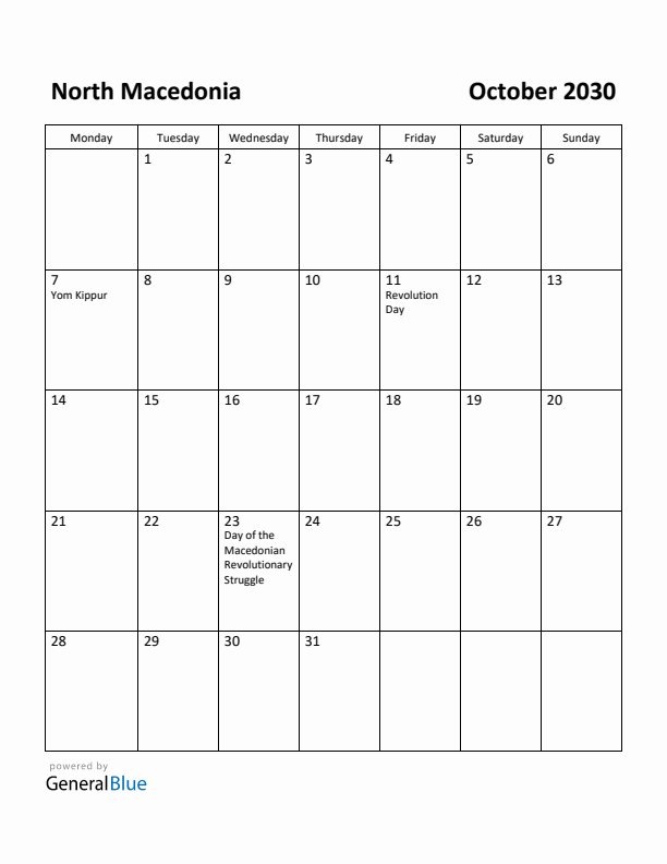 October 2030 Calendar with North Macedonia Holidays