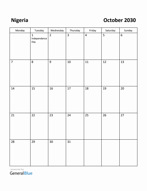 October 2030 Calendar with Nigeria Holidays