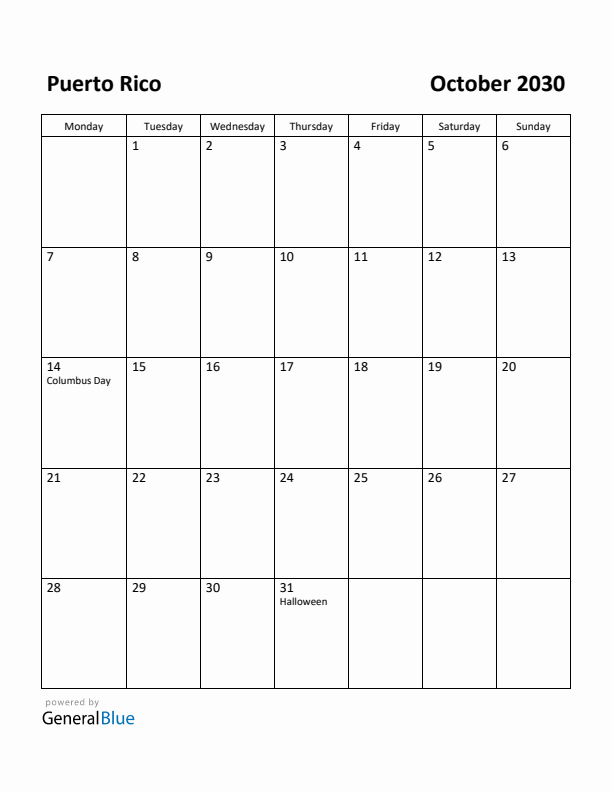 October 2030 Calendar with Puerto Rico Holidays