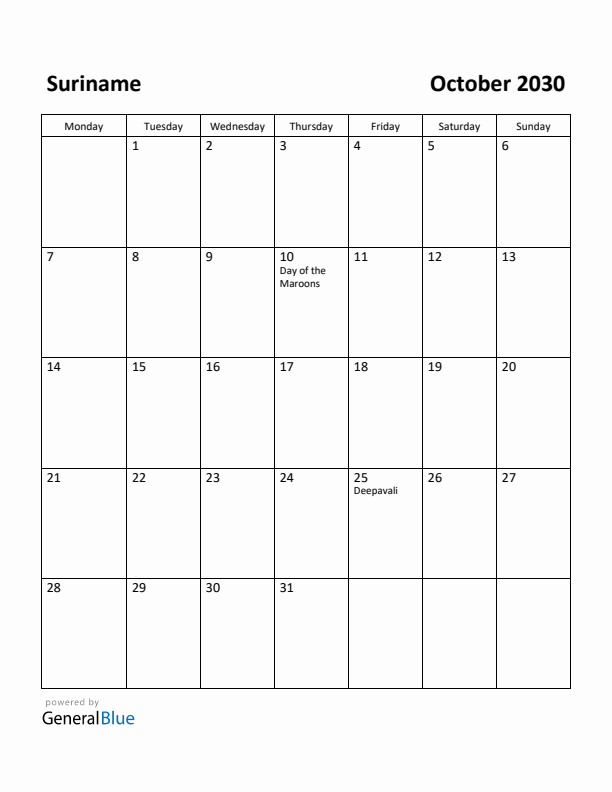 October 2030 Calendar with Suriname Holidays