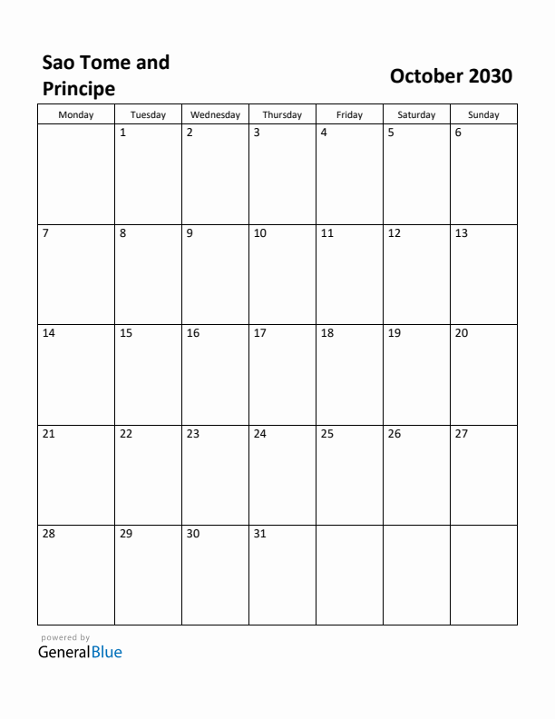 October 2030 Calendar with Sao Tome and Principe Holidays
