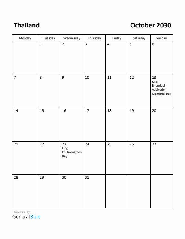 October 2030 Calendar with Thailand Holidays