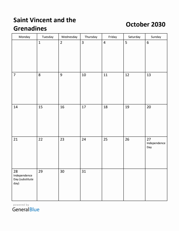 October 2030 Calendar with Saint Vincent and the Grenadines Holidays
