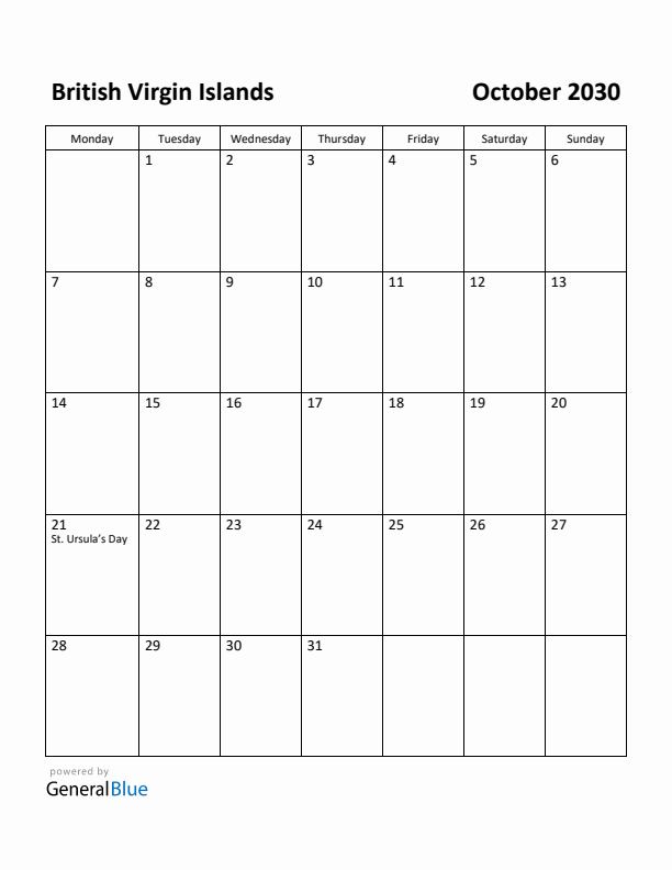 October 2030 Calendar with British Virgin Islands Holidays