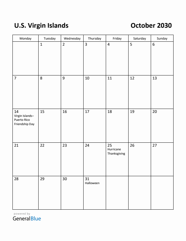 October 2030 Calendar with U.S. Virgin Islands Holidays