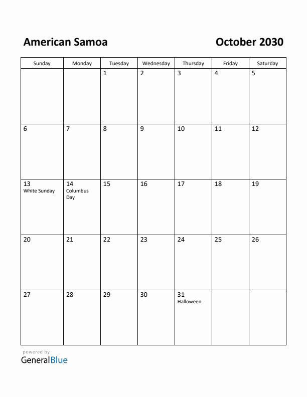 October 2030 Calendar with American Samoa Holidays
