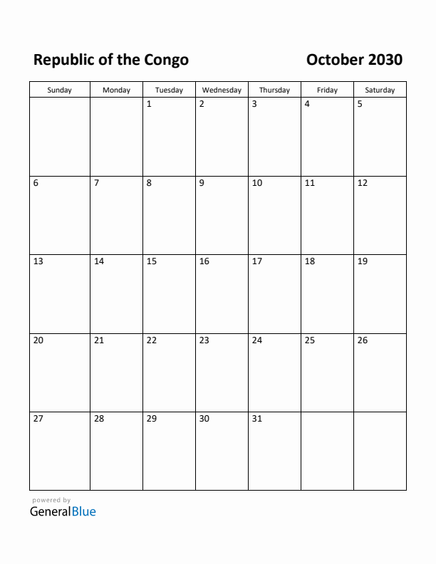 October 2030 Calendar with Republic of the Congo Holidays