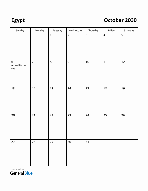 October 2030 Calendar with Egypt Holidays