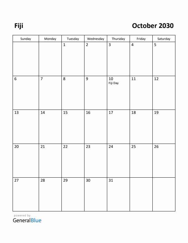 October 2030 Calendar with Fiji Holidays
