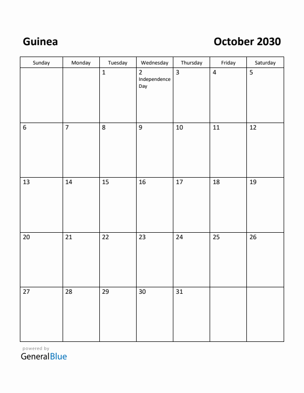 October 2030 Calendar with Guinea Holidays