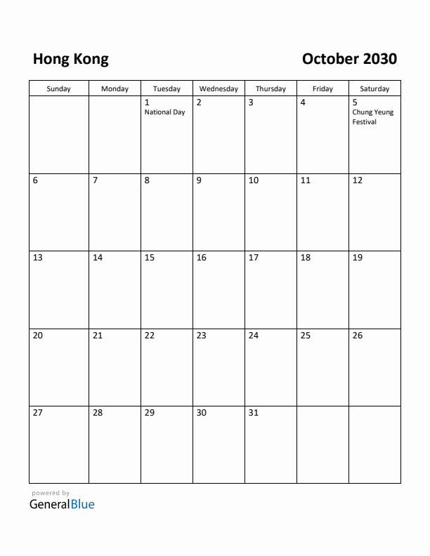 October 2030 Calendar with Hong Kong Holidays