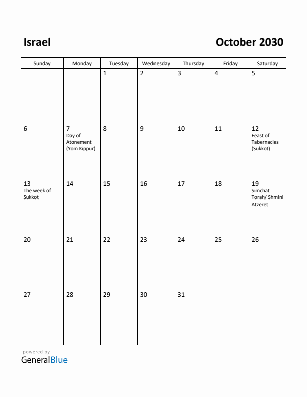 October 2030 Calendar with Israel Holidays