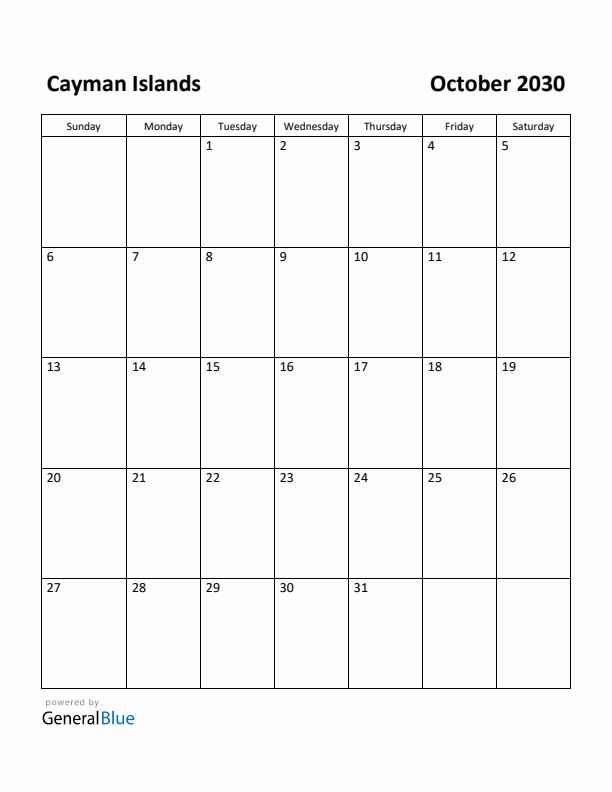 October 2030 Calendar with Cayman Islands Holidays
