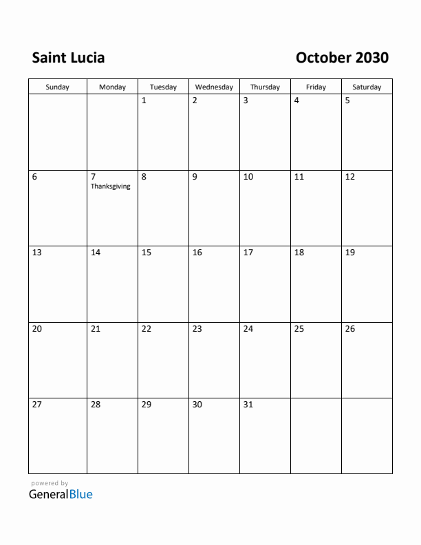 October 2030 Calendar with Saint Lucia Holidays