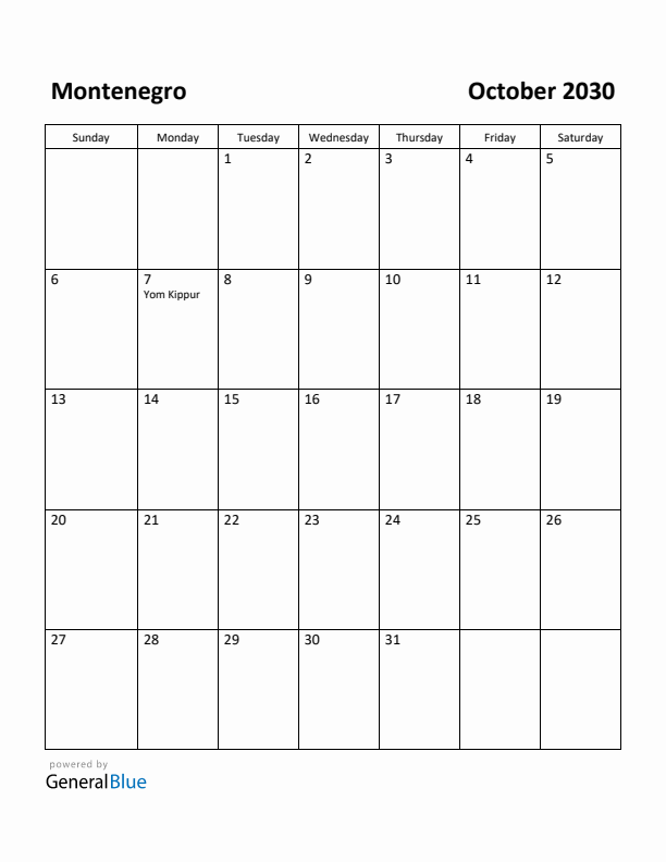 October 2030 Calendar with Montenegro Holidays