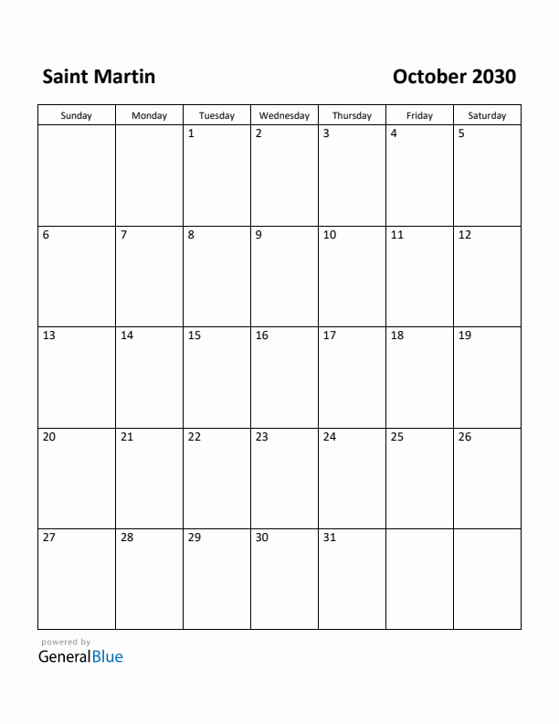 October 2030 Calendar with Saint Martin Holidays