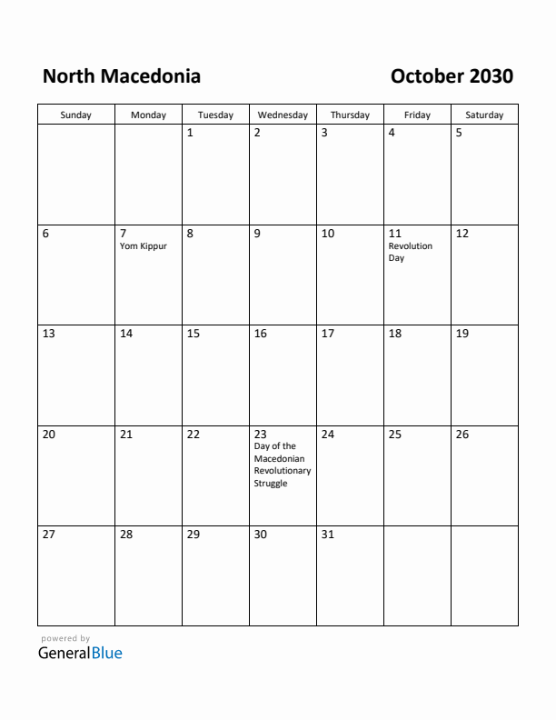 October 2030 Calendar with North Macedonia Holidays