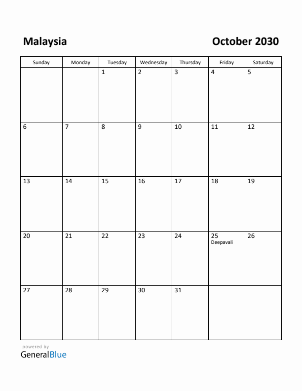 October 2030 Calendar with Malaysia Holidays