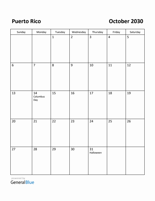 October 2030 Calendar with Puerto Rico Holidays
