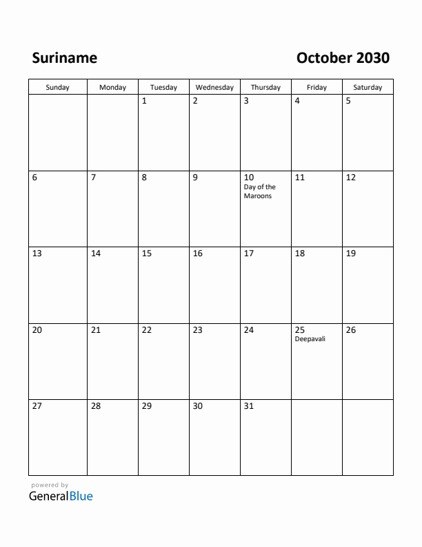 October 2030 Calendar with Suriname Holidays