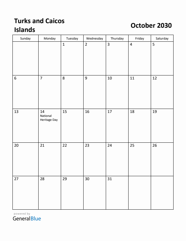 October 2030 Calendar with Turks and Caicos Islands Holidays