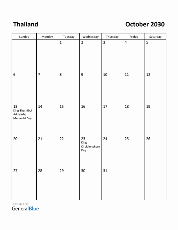 October 2030 Calendar with Thailand Holidays