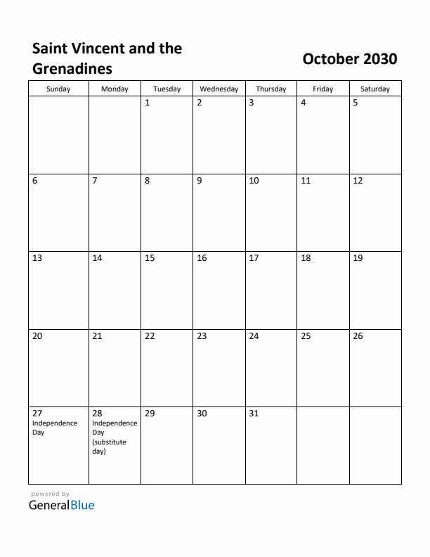 October 2030 Calendar with Saint Vincent and the Grenadines Holidays