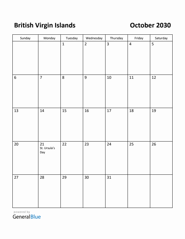 October 2030 Calendar with British Virgin Islands Holidays