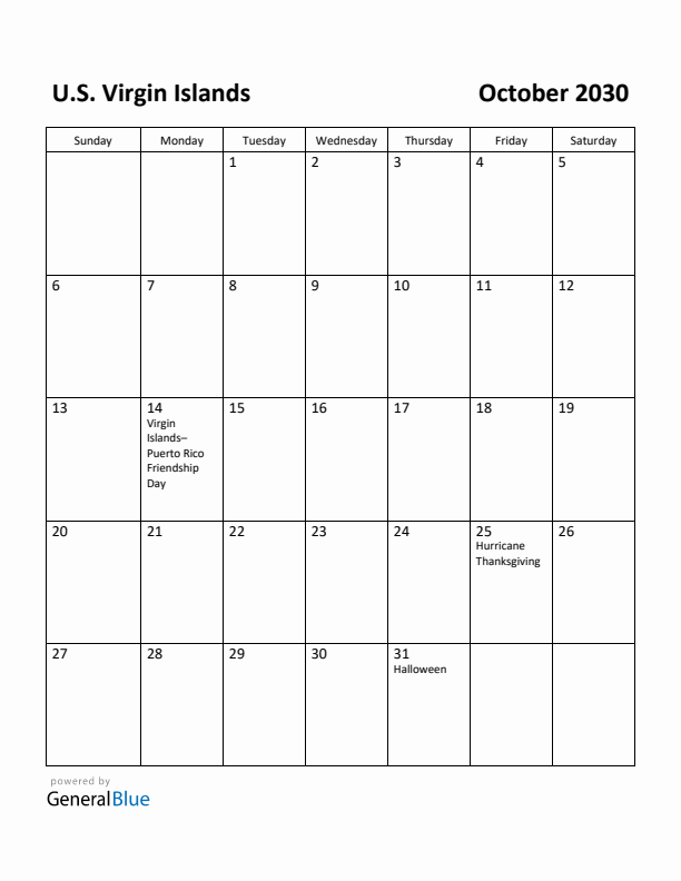 October 2030 Calendar with U.S. Virgin Islands Holidays