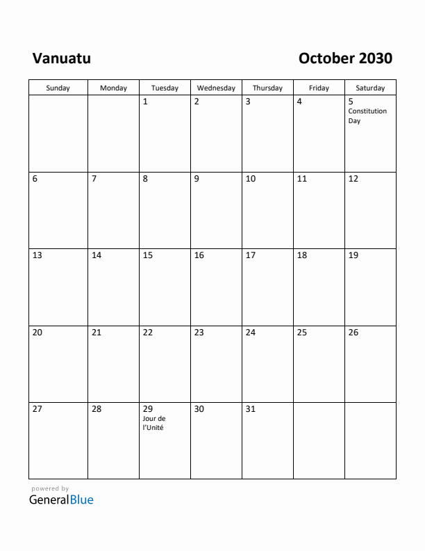 October 2030 Calendar with Vanuatu Holidays