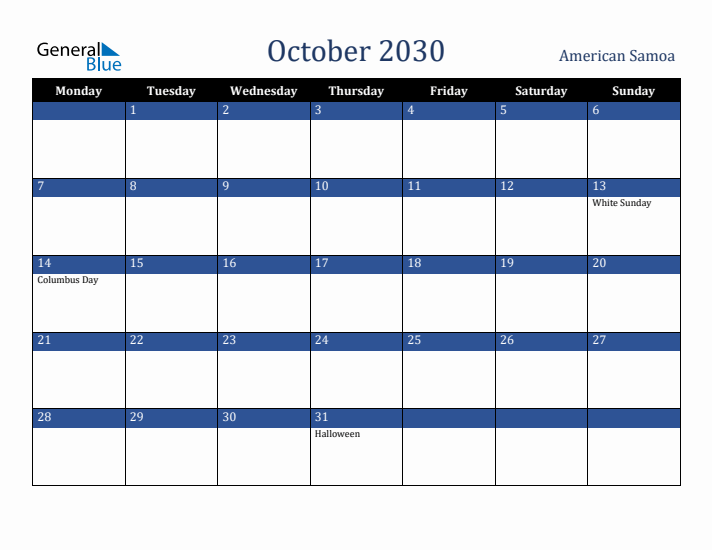 October 2030 American Samoa Calendar (Monday Start)
