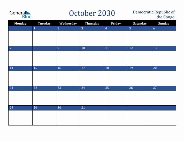 October 2030 Democratic Republic of the Congo Calendar (Monday Start)