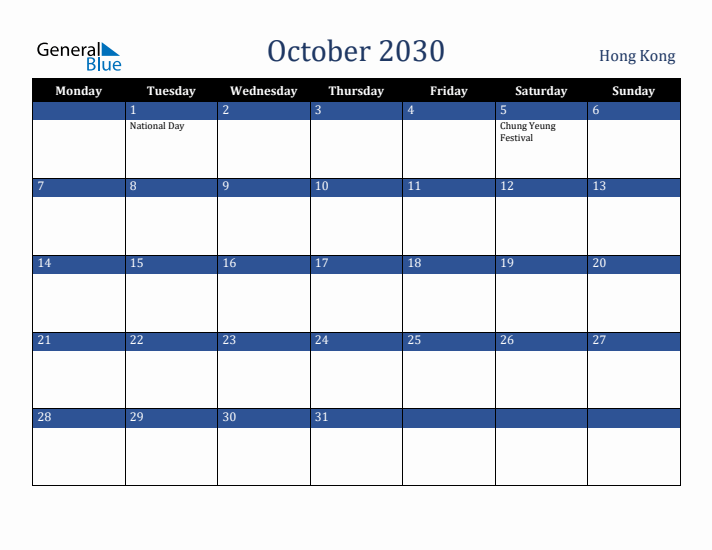 October 2030 Hong Kong Calendar (Monday Start)