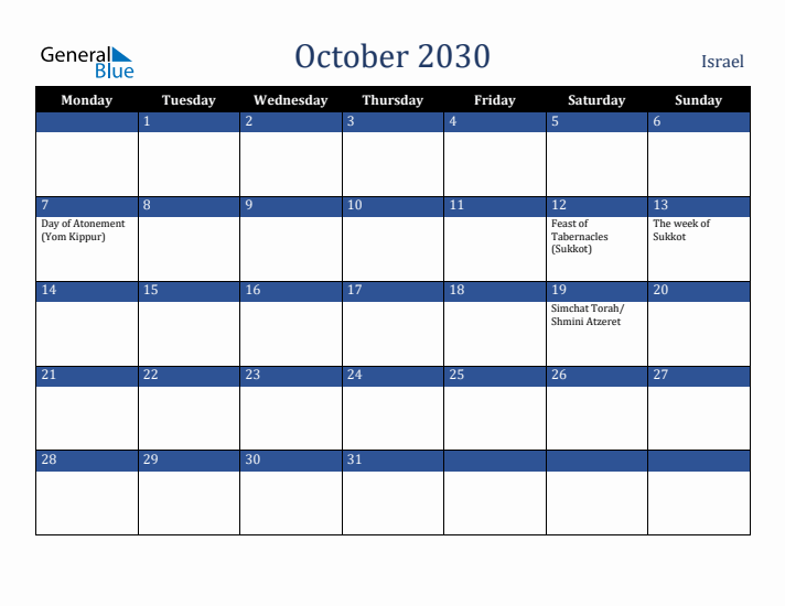 October 2030 Israel Calendar (Monday Start)