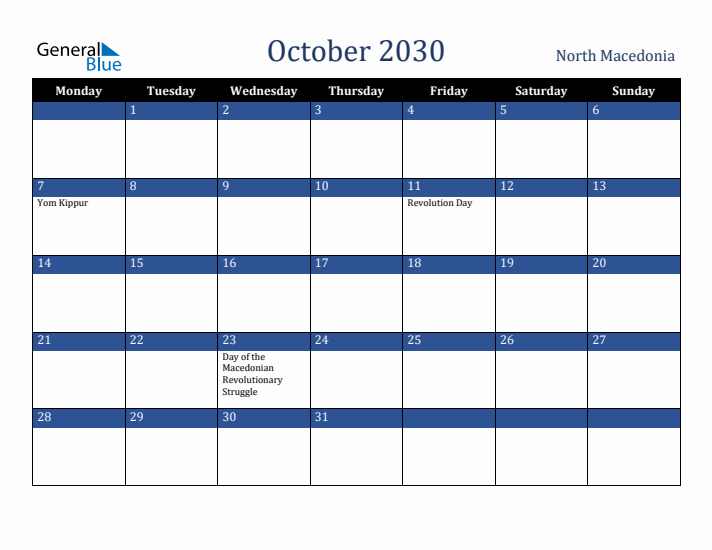 October 2030 North Macedonia Calendar (Monday Start)