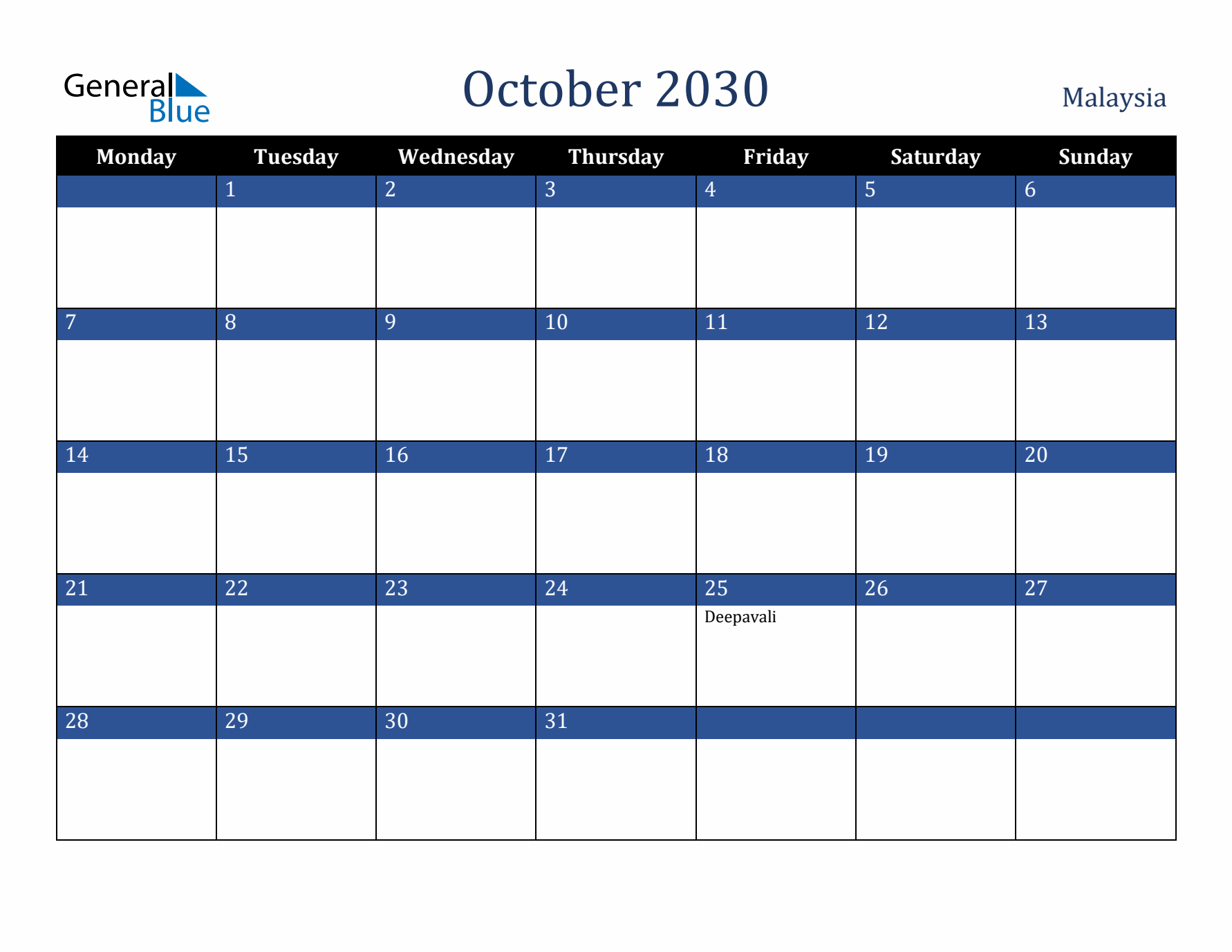 October 2030 Malaysia Calendar (Monday Start)
