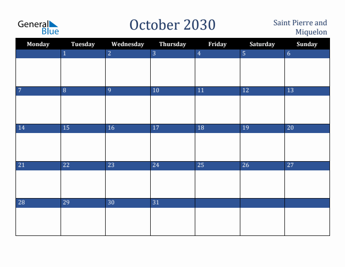 October 2030 Saint Pierre and Miquelon Calendar (Monday Start)