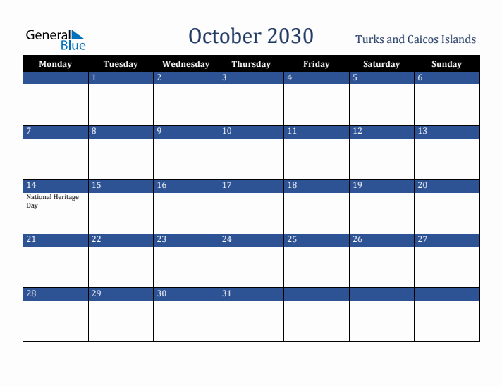 October 2030 Turks and Caicos Islands Calendar (Monday Start)