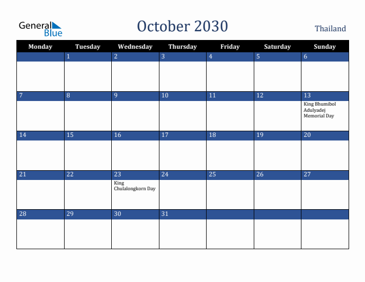 October 2030 Thailand Calendar (Monday Start)