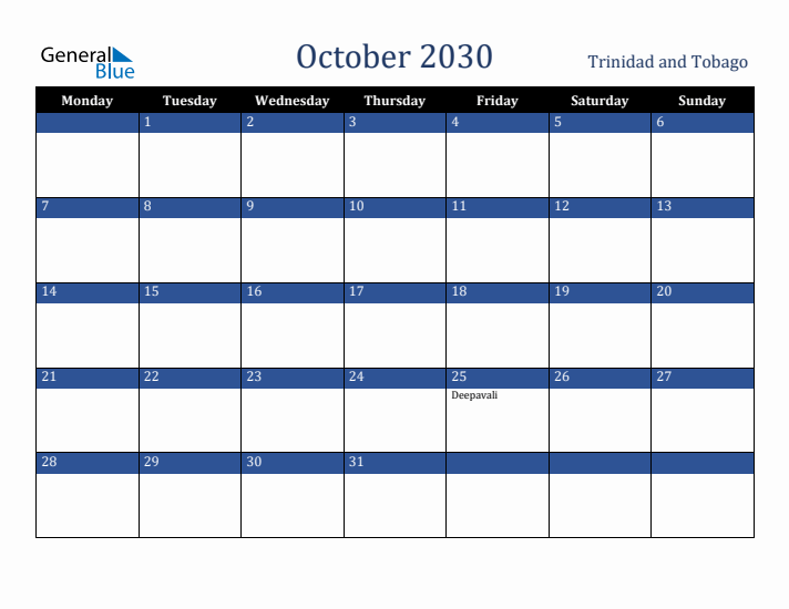 October 2030 Trinidad and Tobago Calendar (Monday Start)