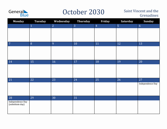 October 2030 Saint Vincent and the Grenadines Calendar (Monday Start)