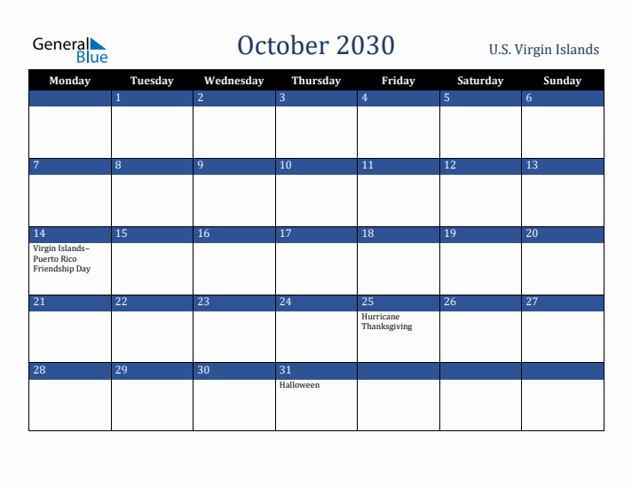 October 2030 U.S. Virgin Islands Calendar (Monday Start)