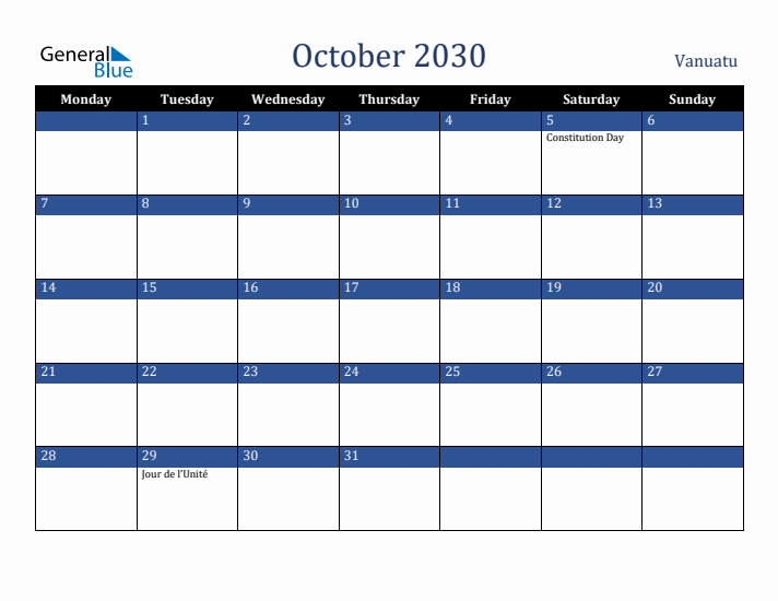 October 2030 Vanuatu Calendar (Monday Start)