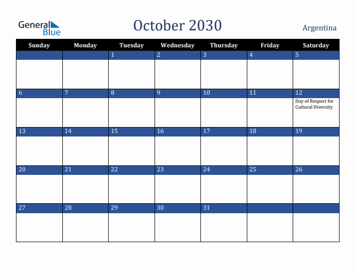 October 2030 Argentina Calendar (Sunday Start)