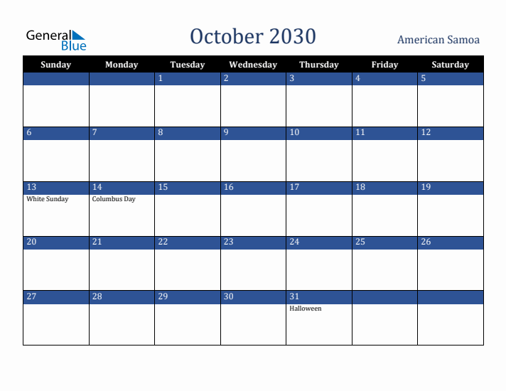 October 2030 American Samoa Calendar (Sunday Start)