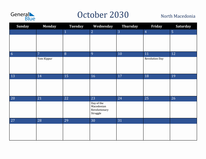 October 2030 North Macedonia Calendar (Sunday Start)